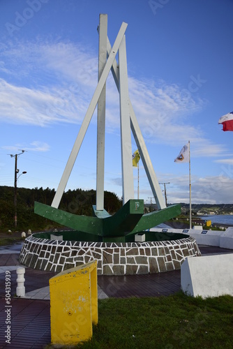 Hito cero. Zero Mile, the starting point of the Pan-American Way. Chiloe Chile