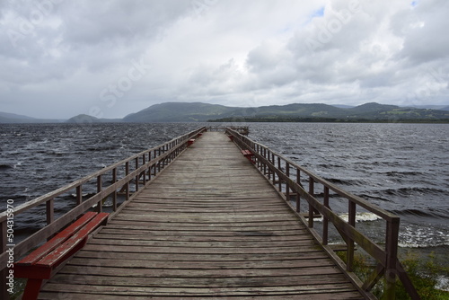 Pier over lake Huillinco  from which the naturalist Charles Darwin left  on his journey through different lakes  Chile