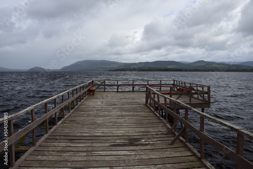 Pier over lake Huillinco  from which the naturalist Charles Darwin left  on his journey through different lakes  Chile