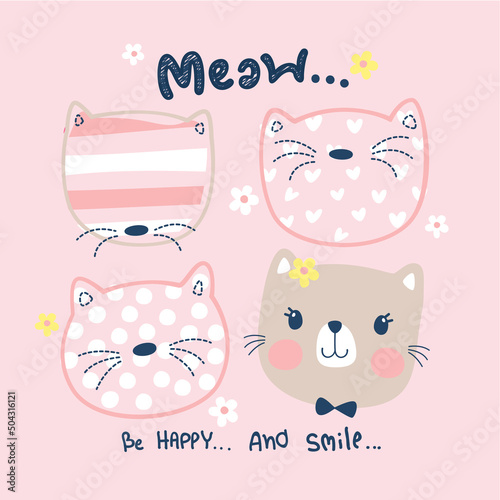 Cute cat head shape cartoon vector illustration, T-shirt design for kids. photo