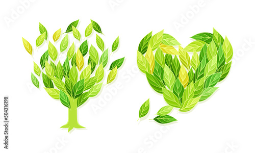 Shaped Green Leaf Arrangement in Heart and Tree Crown Vector Set