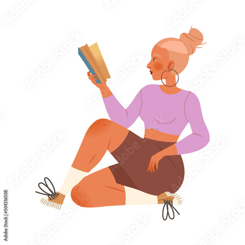Bookcrossing with Blond Woman Character Sitting and Reading Borrowed Paper Book Vector Illustration