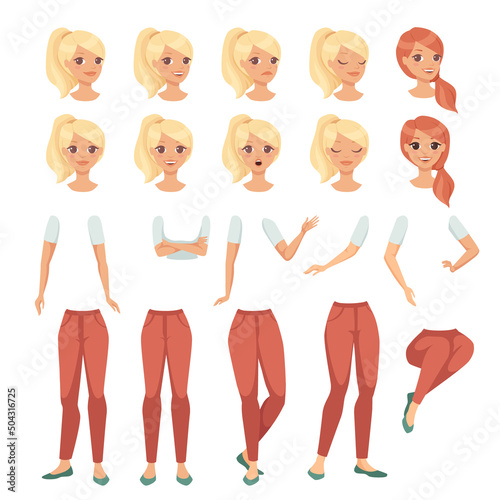 Young Blond Woman Character Constructor with Separated Body Parts and Face with Different Emotion Vector Set