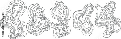 Set of abstract tree rings. Vector topographic map design elements. Contour map concept. Thin wavy lines.