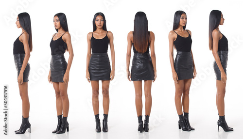 Full length Figure snap of 20s Asian Woman black long straight hair vast short skirt and high heel