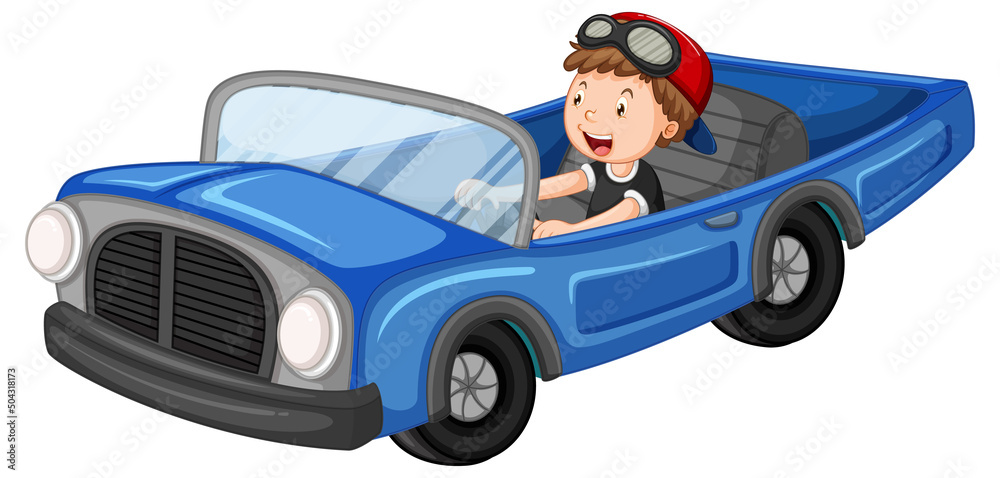 A boy driving vintage car in cartoon design