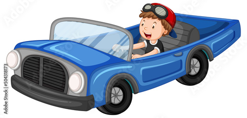 A boy driving vintage car in cartoon design