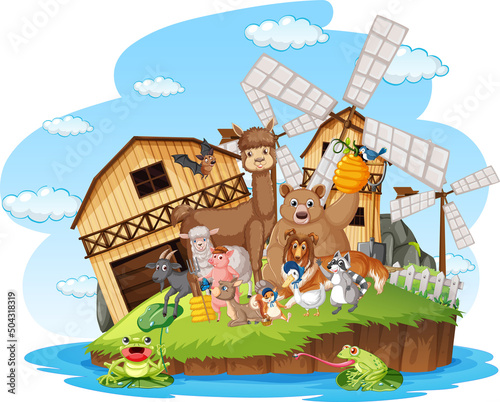 Farm scene with many animals