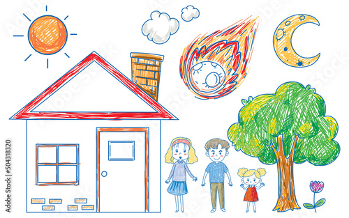 Kids hand drawn doodle family members and house
