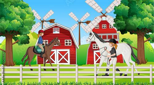 Outdoor scene with equestrian leading horse