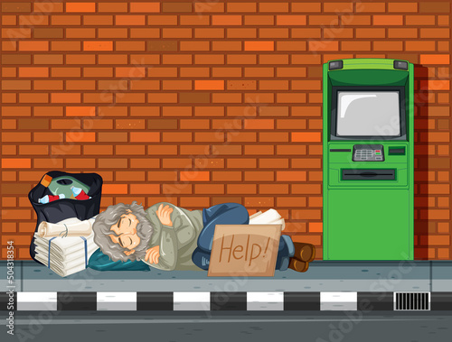 Homeless man sleeping near atm machine