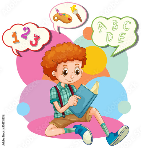 Speech bubble design with boy reading book