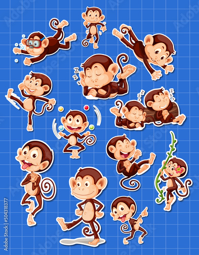 Sticker set of funny monkey cartoon characters