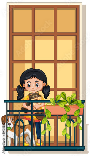 A girl with her dogs standing on the balcony