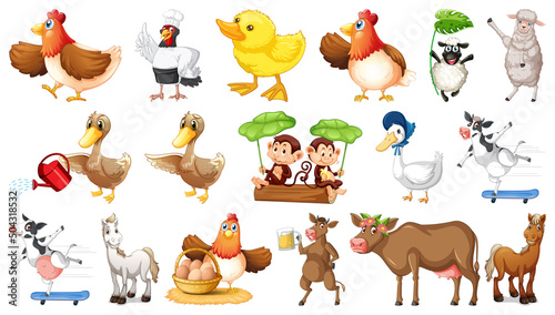 Many farm animals on white background