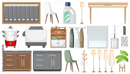 Furniture and household appliances on white background