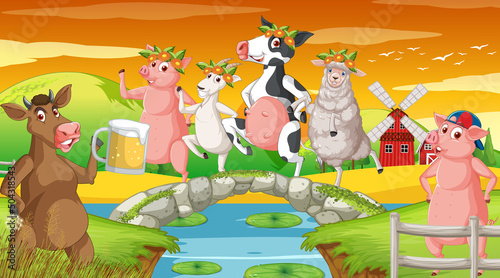Farm background with happy animals
