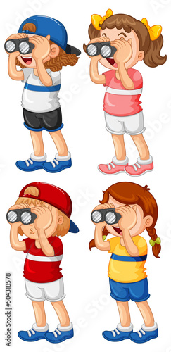 Set of children look through binoculars