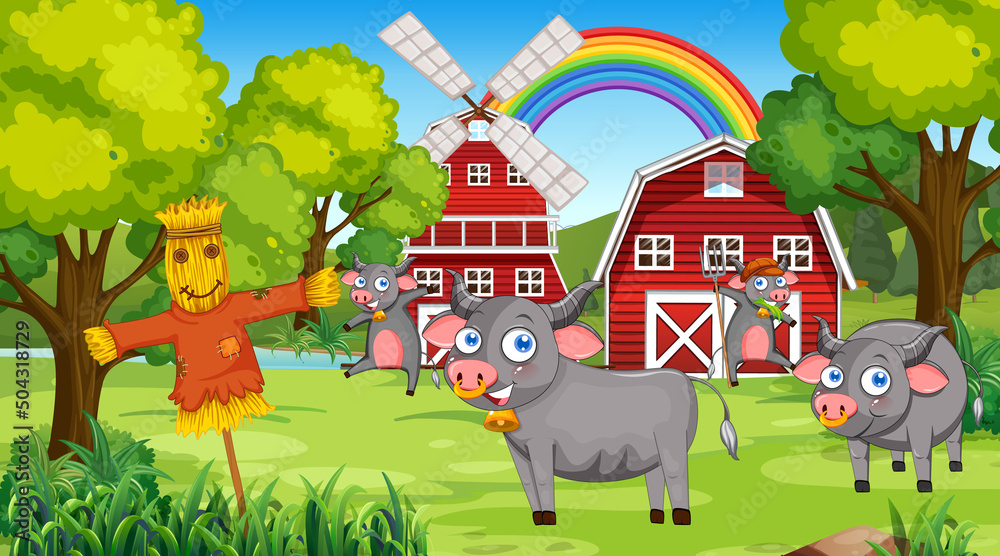 Obraz premium Farm scene with happy cows
