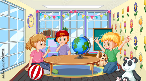 Kindergarten classroom scene with children