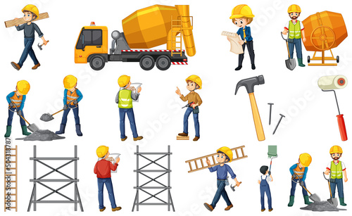 Set of construction site objects and workers