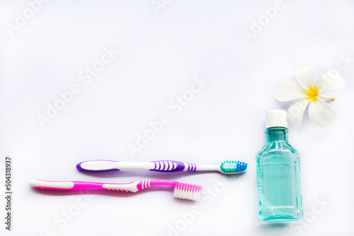 toothbrush, mouthwash health care of oral cavity of lifestyle arrangement flat lay style on background white 