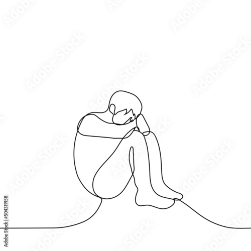 man cowered on the floor - one line drawing vector. concept of sadness, despair, vulnerability, weakness, fear and loneliness