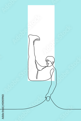 man bent over while sitting in a vertical window - one line drawing vector. concept it is difficult to fit into the framework, strict boundaries of what is acceptable, inappropriate and inconvenient
