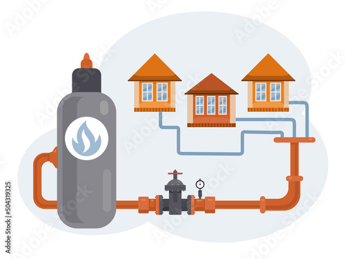 Illustration of gas delivery to the residential sector. The gas cylinder is connected by a pipeline to the houses. Isolated on a white background.