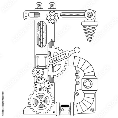 Vector coloring book for adults. Steampunk Cyrillic letter. Mechanical alphabet made of metal gears and various details on white background