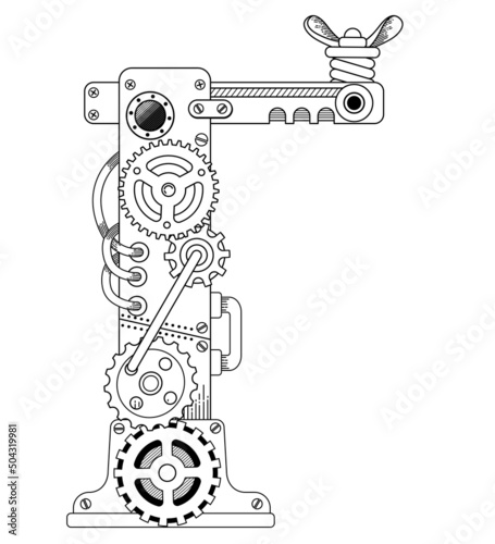 Vector coloring book for adults. Steampunk Cyrillic letter. Mechanical alphabet made of metal gears and various details on white background