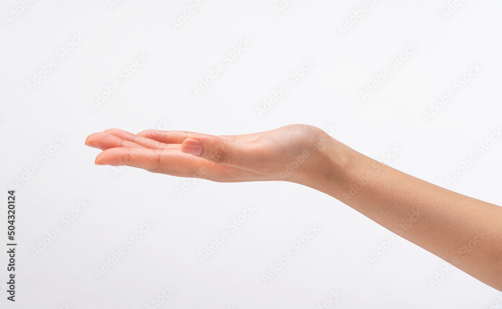 Female hand with palm facing up on white background