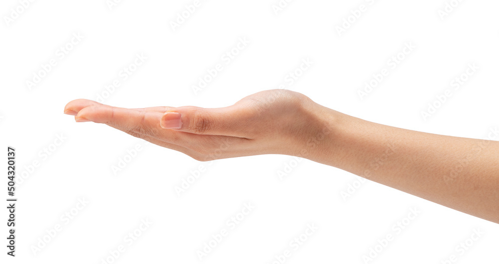 Female hand with palm facing up on white background Female hand with palm facing up on white background