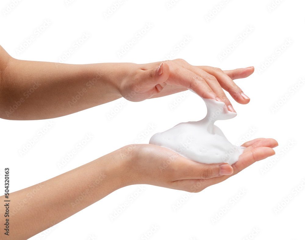 Female hand with soap bubbles on white background. Female hand with soap bubbles on white background.