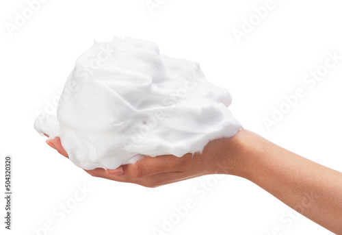 Female hand with soap bubbles on white background.