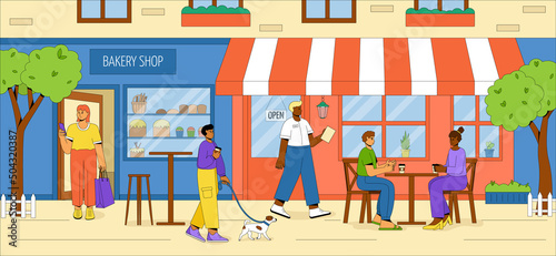 People relax and drink coffee outdoors. The characters eat in a street cafe, friendly people with a dog relax in the fresh air. The building of the city bakery with outdoor tables and chairs. Vector