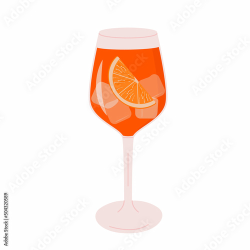 Spritz Cocktail in glass with ice and slice of orange. Aperol Campari Alcoholic Beverage isolated on white background. Summer Italian aperitif. Vector illustration in flat style.