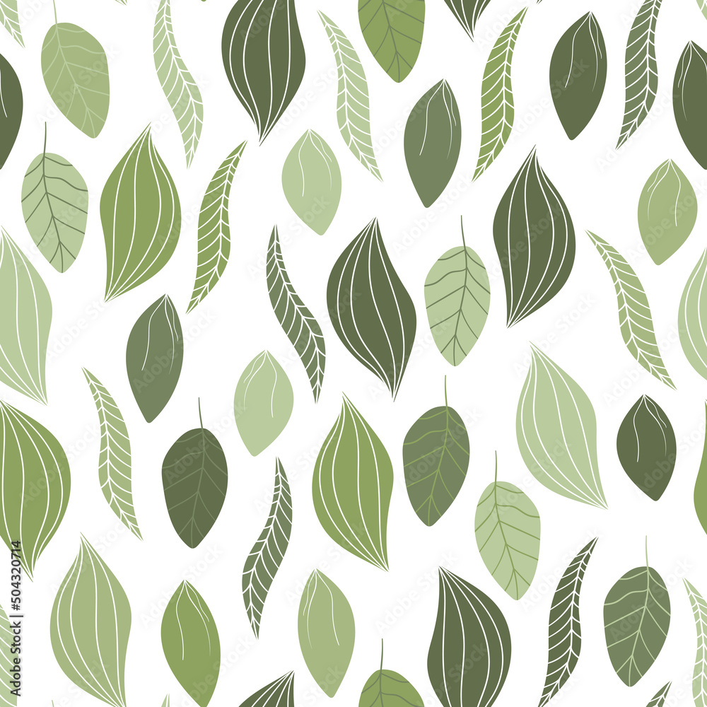 Floral seamless with hand drawn color leaves. Cute autumn background. Tropic green branches. Modern floral compositions. Fashion vector stock illustration for wallpaper, poster, card, fabric, textile.