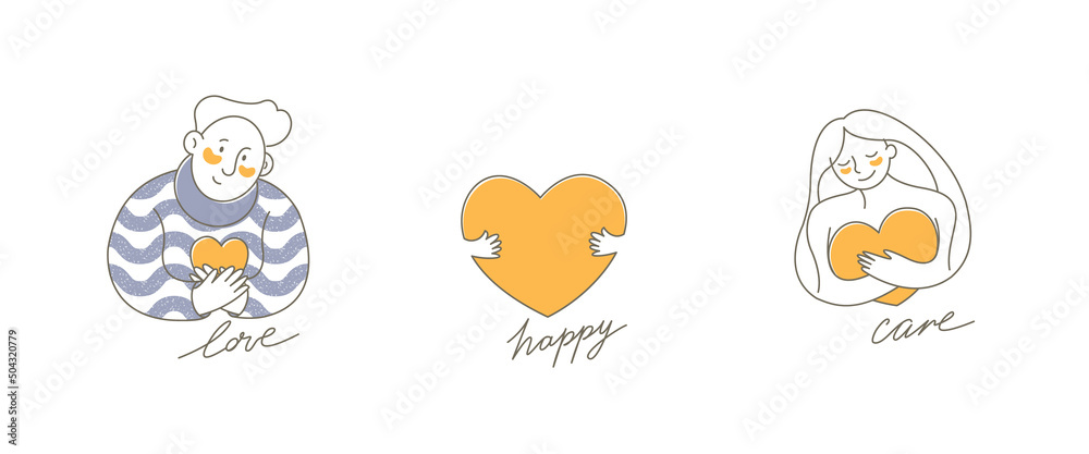 A young happy family holding hearts in their hands. Hand drawn style vector stock design illustrations. Simple line style. Isolated on white background. Flat emblem. For print. A young happy family holding hearts in their hands. Hand drawn style vector stock design illustrations. Simple line style. Isolated on white background. Flat emblem. For print.