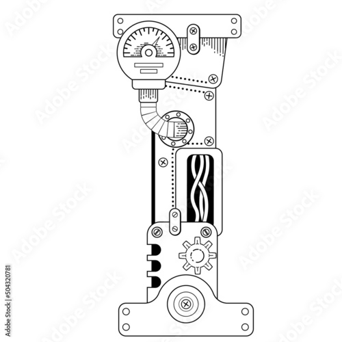 Vector coloring book for adults. Steampunk Cyrillic letter. Mechanical alphabet made of metal gears and various details on white background