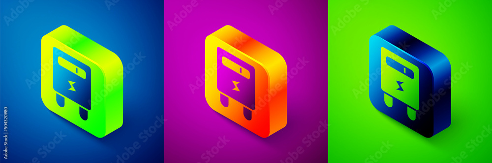 Isometric Electric meter icon isolated on blue, purple and green background. Square button. Vector