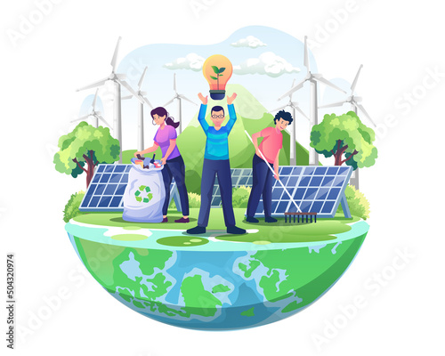 World Environment Day with People are taking care of the earth by gardening and cleaning. save the planet vector illustration