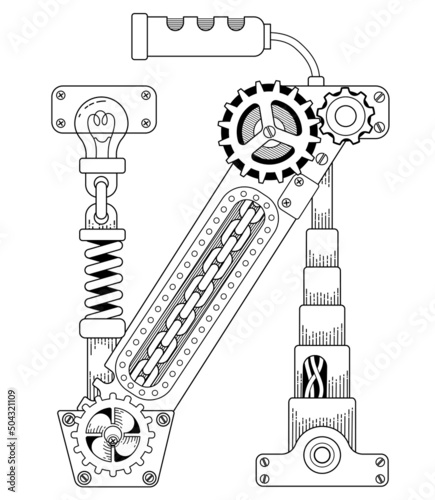 Vector coloring book for adults. Steampunk Cyrillic letter. Mechanical alphabet made of metal gears and various details on white background