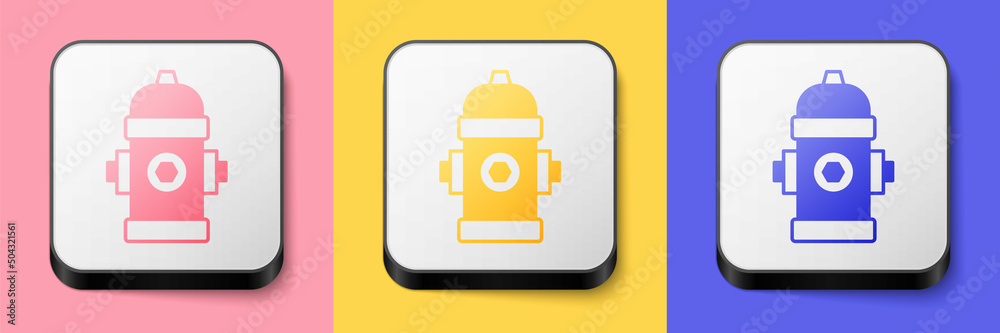 Isometric Fire hydrant icon isolated on pink, yellow and blue background. Square button. Vector Isometric Fire hydrant icon isolated on pink, yellow and blue background. Square button. Vector