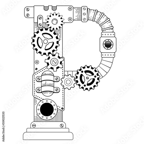 Vector coloring book for adults. Steampunk Cyrillic letter. Mechanical alphabet made of metal gears and various details on white background