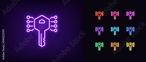 Outline neon digital key icon. Glowing neon Electronic key silhouette, private access pictogram. Encrypted key