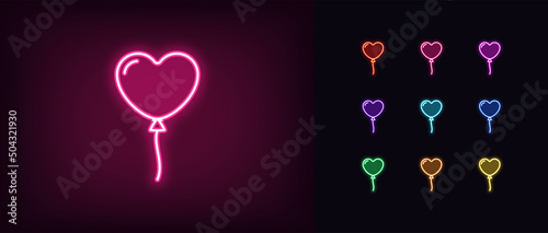 Outline neon heart balloon icon. Glowing neon balloon silhouette in heart shape, love pictogram