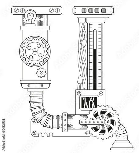 Vector coloring book for adults. Steampunk Cyrillic letter. Mechanical alphabet made of metal gears and various details on white background