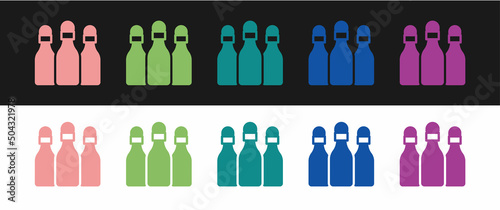 Set Bowling pin icon isolated on black and white background. Vector