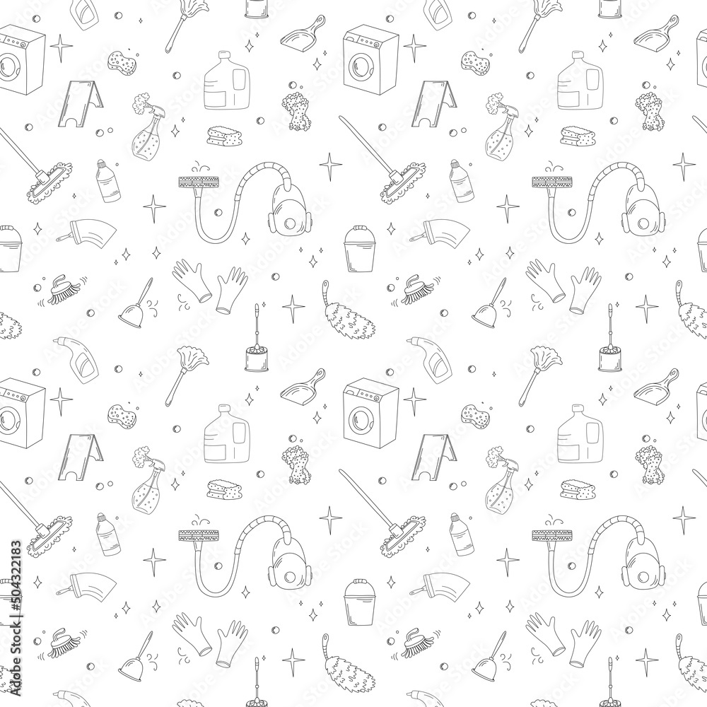 Seamless pattern with doodle style cleaning elements.